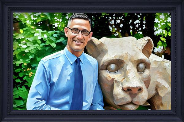 A painted image of a man wearing glasses and a tie, standing next to a statue of a lion.