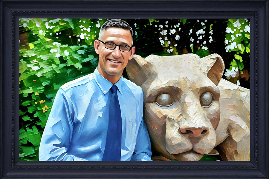 A painted image of a man wearing glasses and a tie, standing next to a statue of a lion.