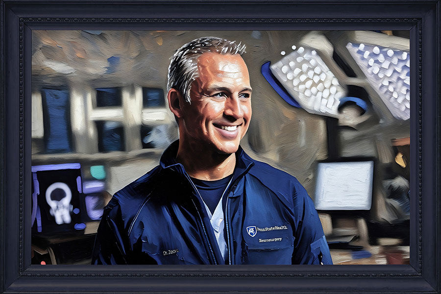 A painted image of Dr. Christopher Zacko in the operating room.