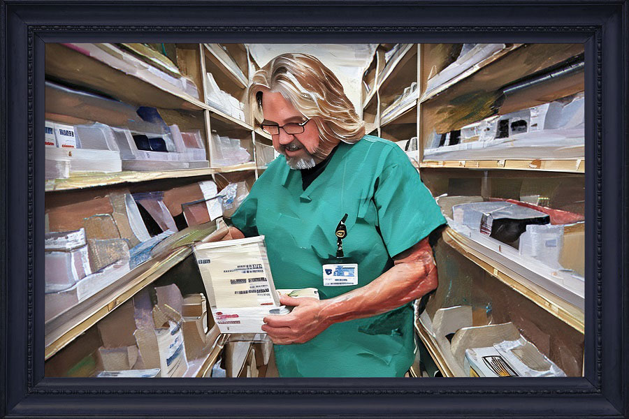A painted image of Greg Mull looking into an open box.