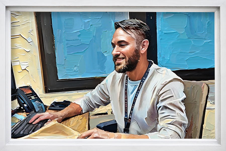 A painting of Nate Oster sitting at his desk at Pennsylvania Psychiatric Institute.