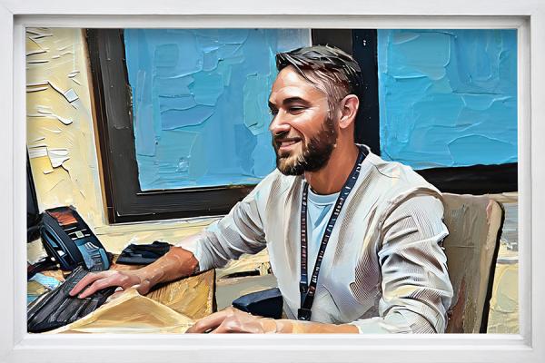 A painting of Nate Oster sitting at his desk at Pennsylvania Psychiatric Institute.
