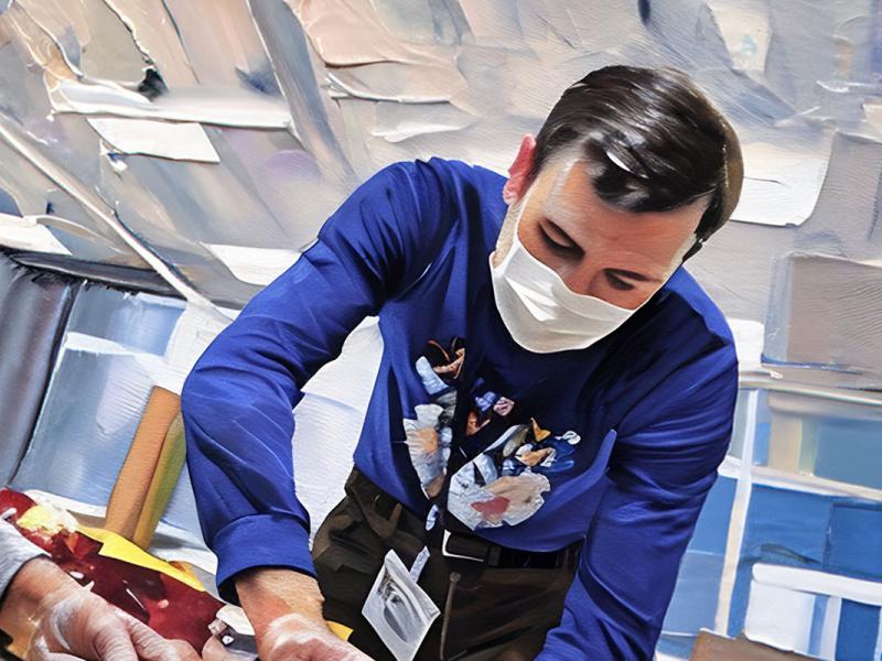 A painting depicting two individuals collaborating on a project, surrounded by tools and materials.