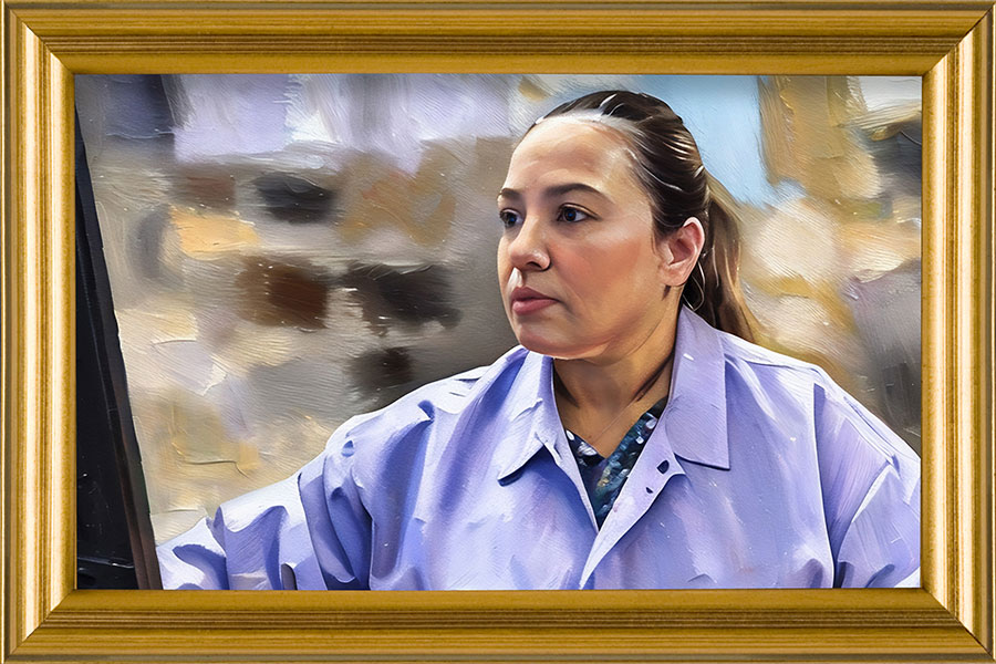 A painting of a woman with dark hair worn in a pony tail, set against a warm, muted background.