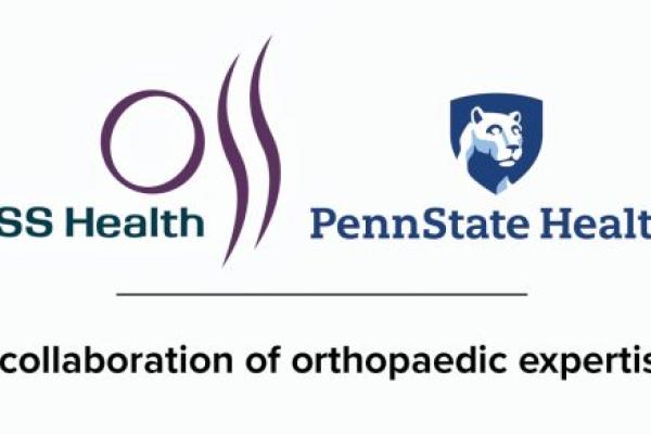 Logos for OSS Health and Penn State Health are placed side-by-side. Below them is the phrase “A collaboration of orthopaedic expertise.”