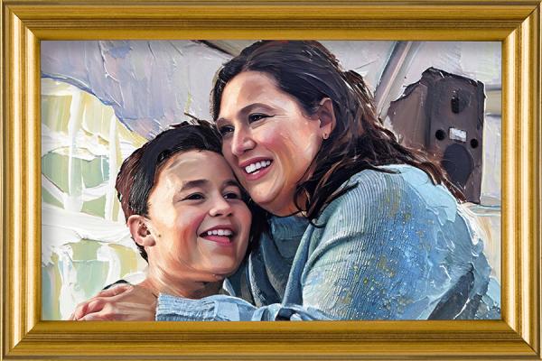 A painting of a woman with long dark hair, hugging a small boy, against a muted background.