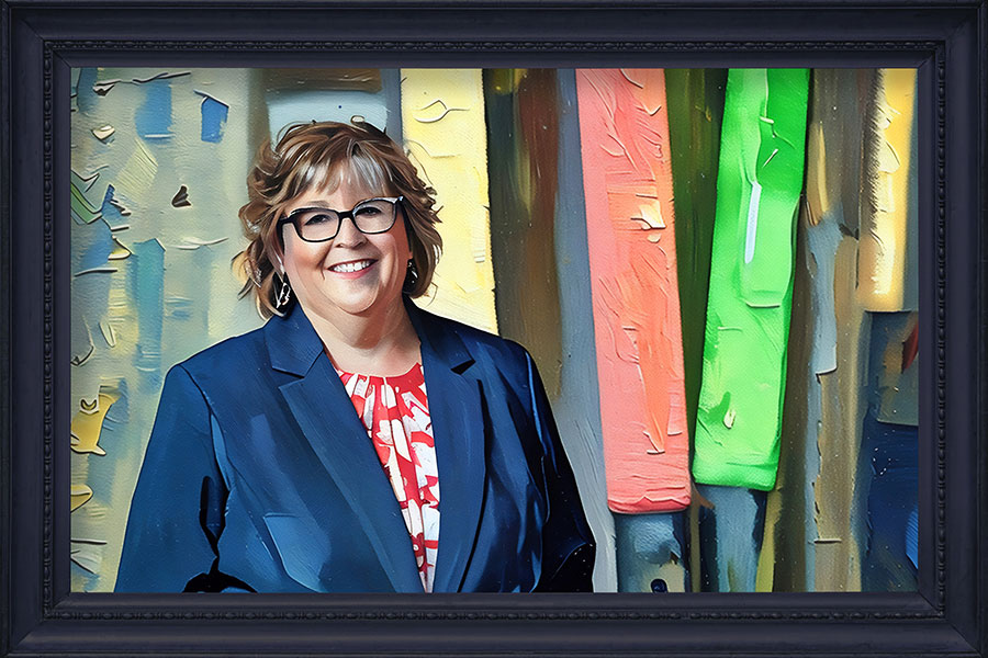 A painted image of a woman with light hair and wearing glasses, set against a muted background.