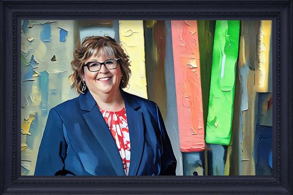 A painted image of a woman with light hair and wearing glasses, set against a muted background.