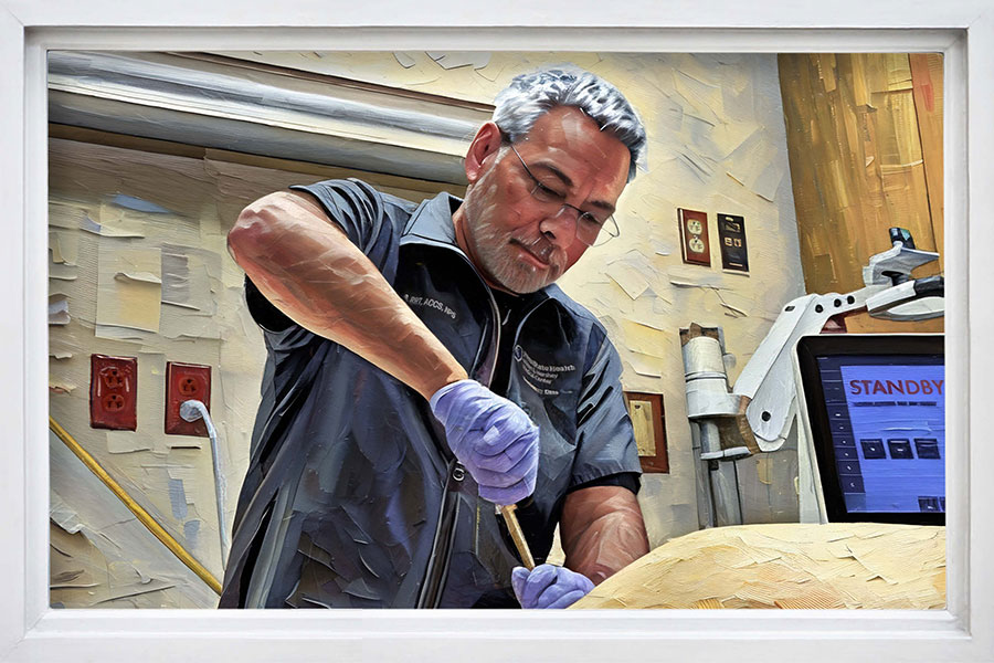 A painted image of Phillip Stark working in the Clinical Simulation Center.