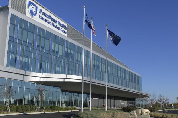 The exterior of Penn State Health Hampden Medical Center located in Cumberland County, Pennsylvania. Background: bright, blue, cloudless sky