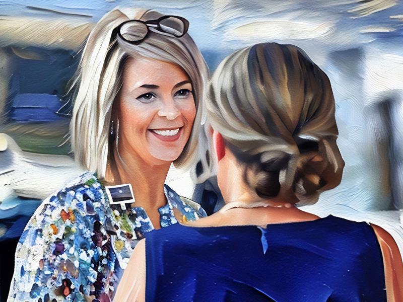 A painting depicting two women engaged in conversation in front of a building. 