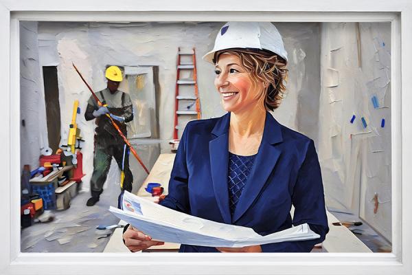 A painting of a woman at a construction site wearing a hard hat and holding building plans.