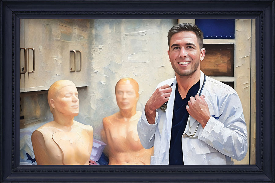 A painting of a man standing in front of two mannequins in a lab coat with a stethoscope around his neck.