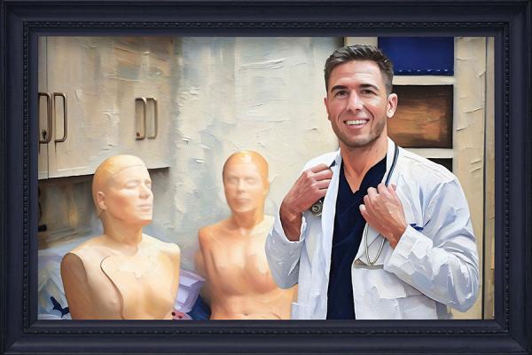 A painting of a man standing in front of two mannequins in a lab coat with a stethoscope around his neck.