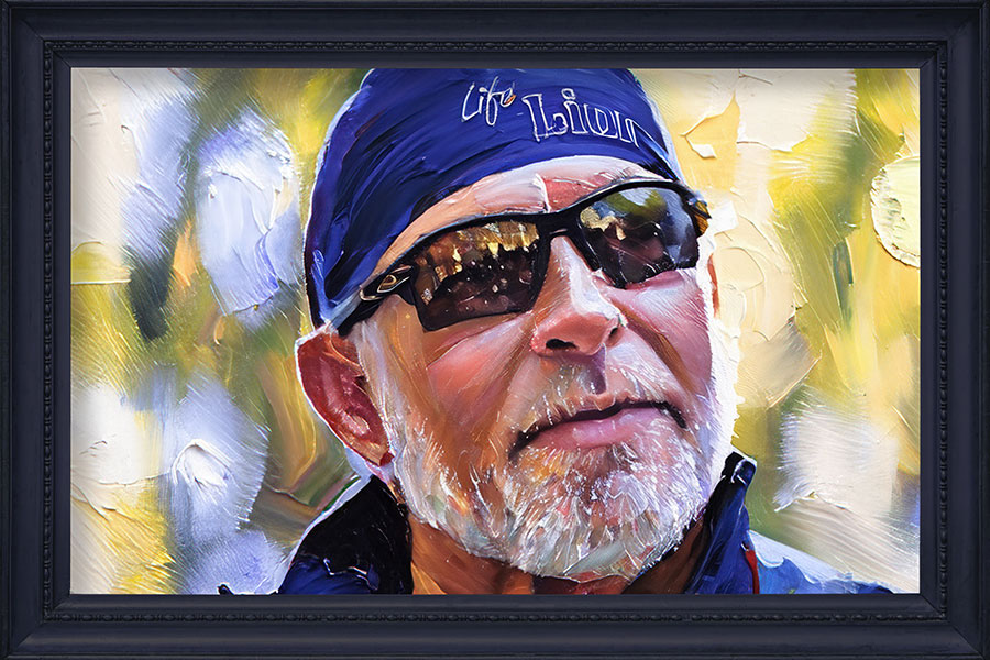 A painting of a man with a beard and moustache, wearing sunglasses and a head wrap.