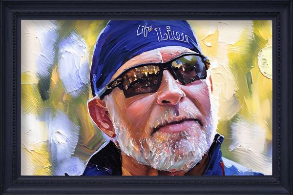 A painting of a man with a beard and moustache, wearing sunglasses and a head wrap.