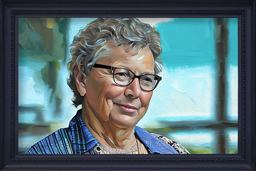 A painted image of woman with white hair and wearing glasses, set against a muted background.