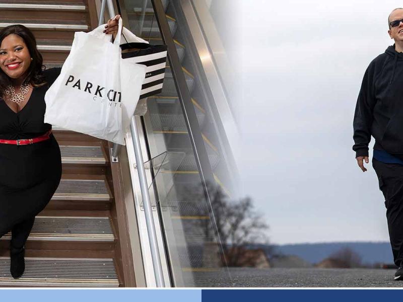 A woman is standing on a downward escalator while enthusiastically holding up two Park City Center shopping bags. A separate view of a man walking forward on an empty roadway.
