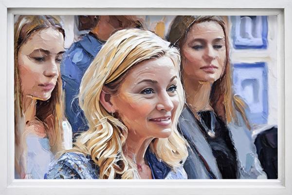 A painting of a woman with blonde hair wearing a blue shirt, set against a soft, neutral background.