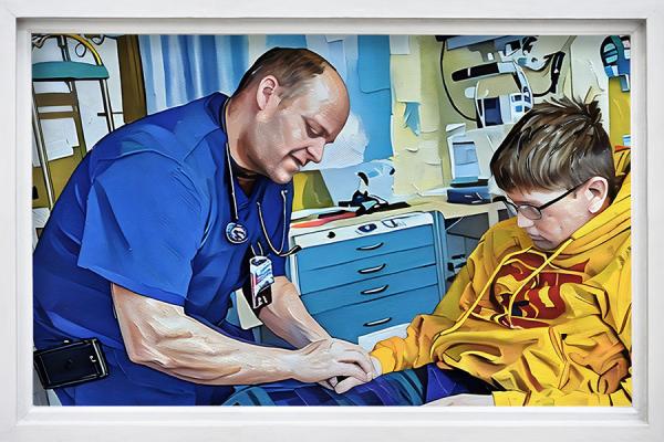 A painting depicting a healthcare provider interacting with a young boy in a hospital setting, conveying care and compassion.