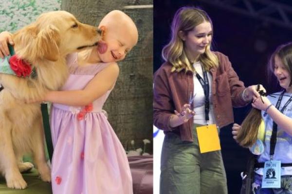 Two images are shown side-by-side. On the left, a little girl with no hair receives a kiss from a golden retriever. On the right, the same girl has a full head of hair, smiling downward at her own clipped hair handed to her by a woman.