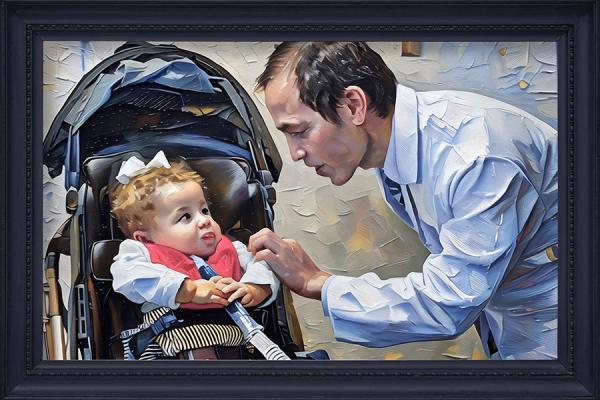 An artwork featuring a doctor beside a stroller, where a baby is peacefully resting, highlighting a theme of healthcare and compassion.
