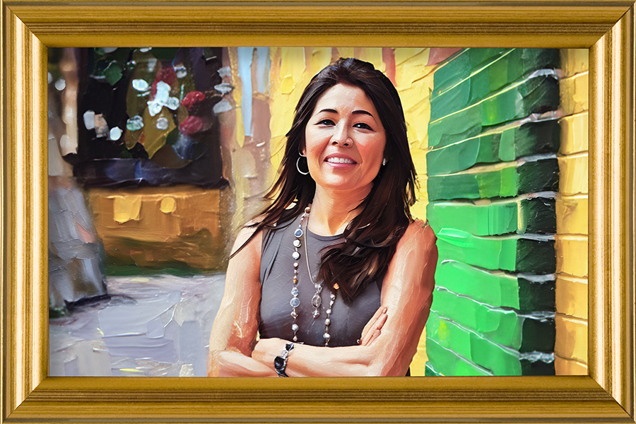 A painting of a woman with long dark hair and her arms crossed, set against a bright background.