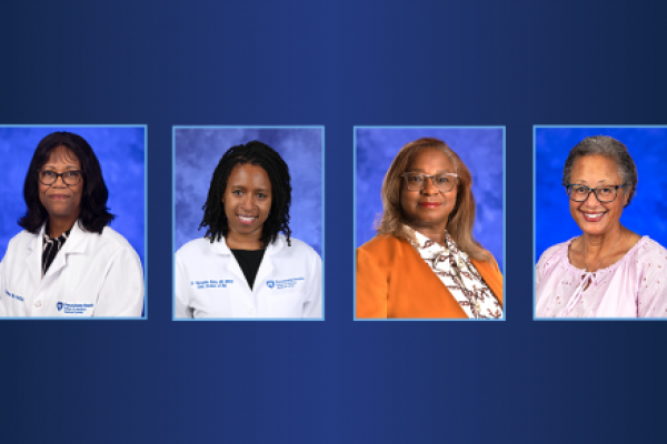 For portraits of four women are showed in a straight line against a background.